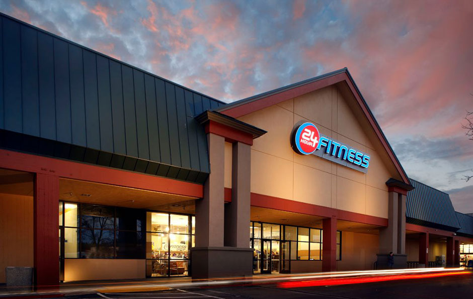 24 Hour Fitness storefront at night