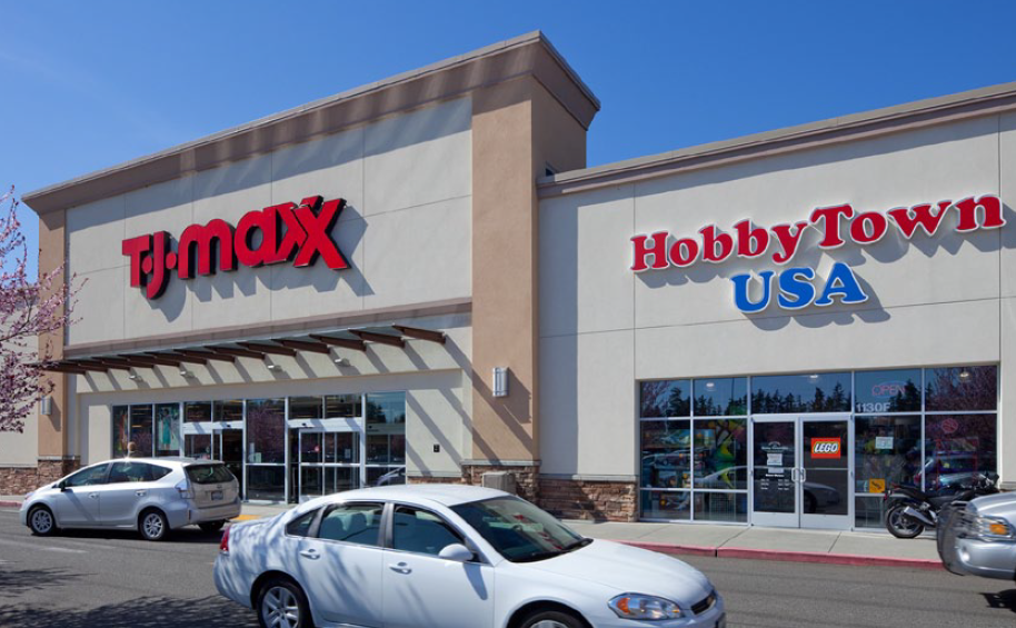 TJ Maxx and Hobby Town USA storefronts